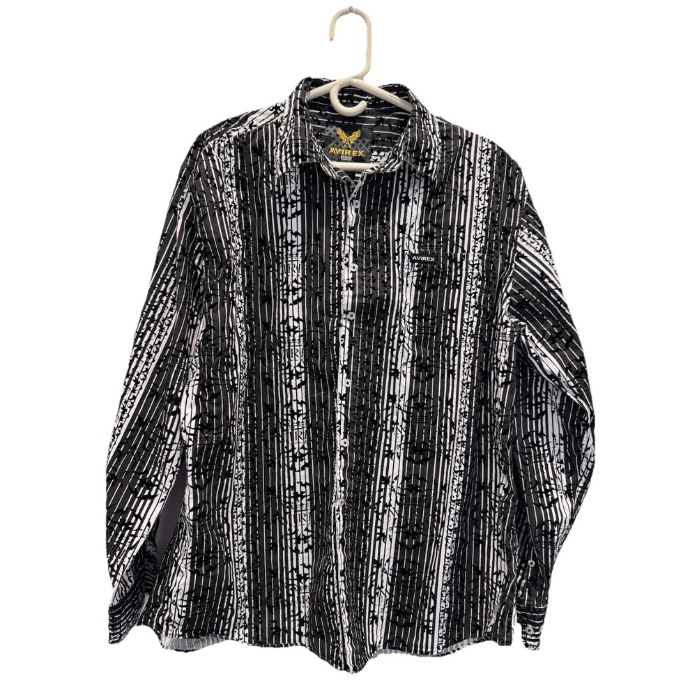 Avirex Mens Shirt Button Up Black and White Graphic Long Sleeve Textured Size XL
